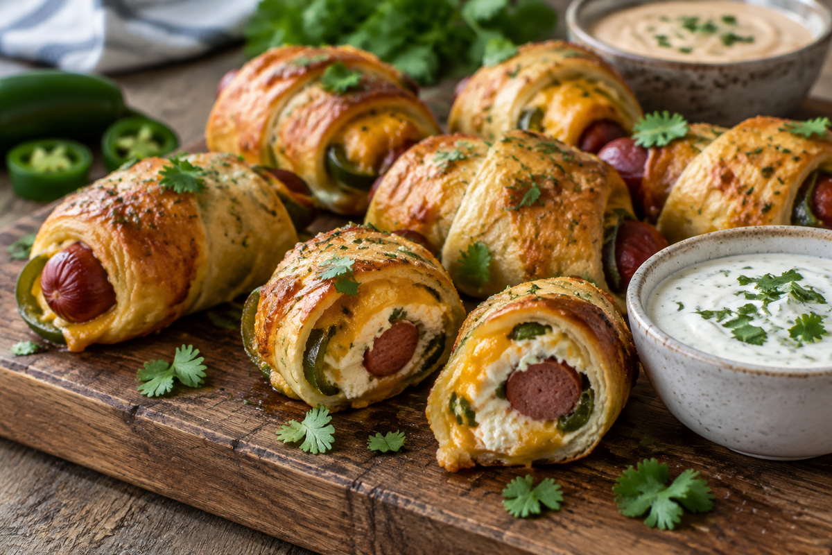 Golden jalapeño popper pigs in a blanket with melted cheese and cilantro garnish