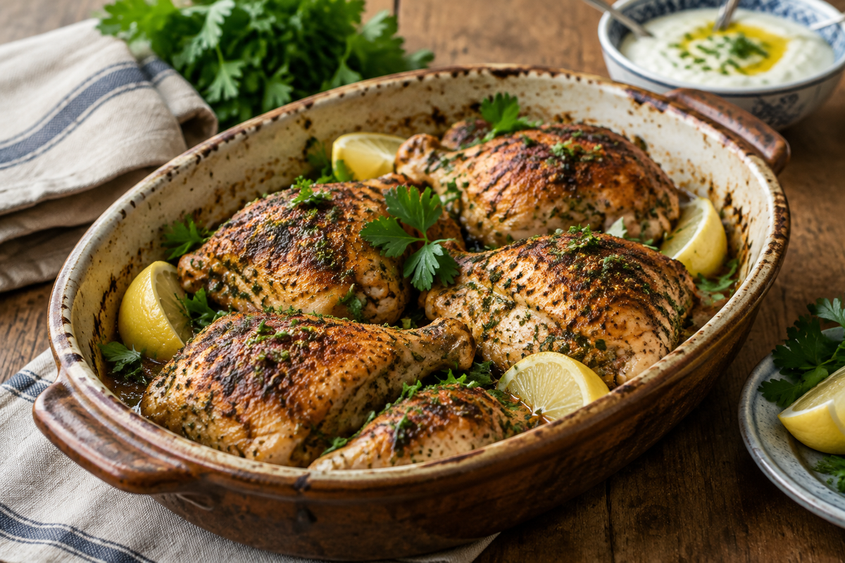 Baked Lebanese chicken garnished with parsley and lemon wedges, showcasing authentic Lebanese chicken