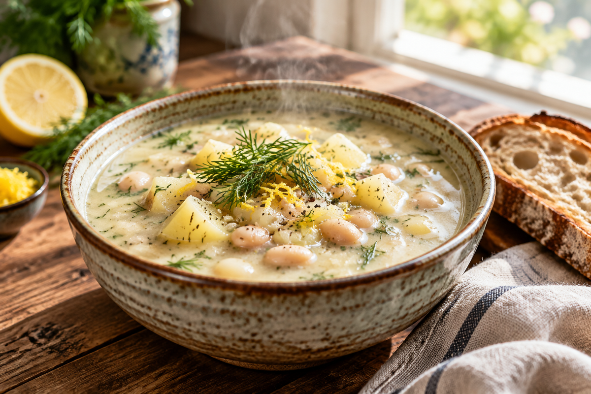 Creamy lemon dill white bean potato soup garnished with fresh dill and lemon zest