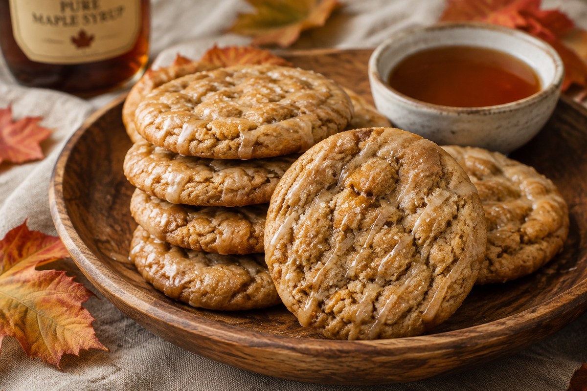 Stack of soft maple brown sugar cookies with a maple glaze, highlighting maple brown sugar cookies