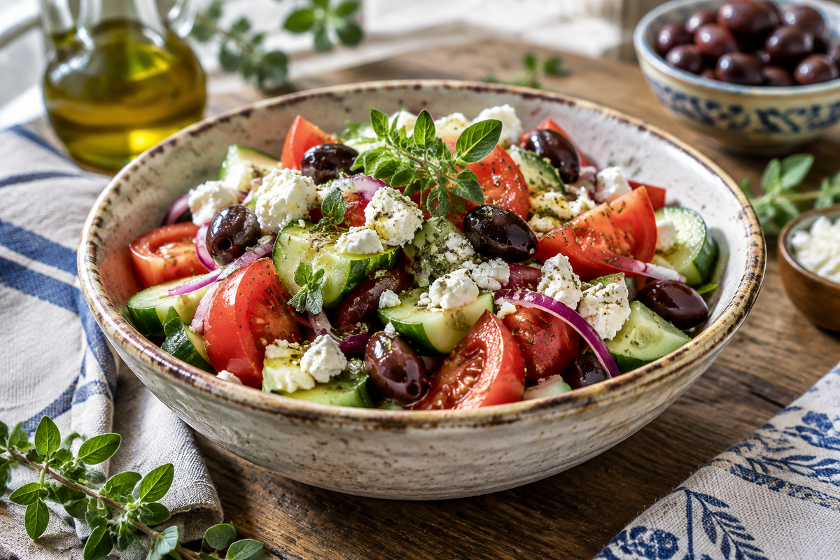 Fresh Greek salad with tomatoes, cucumbers, olives, and feta cheese, showcasing a classic greek salad