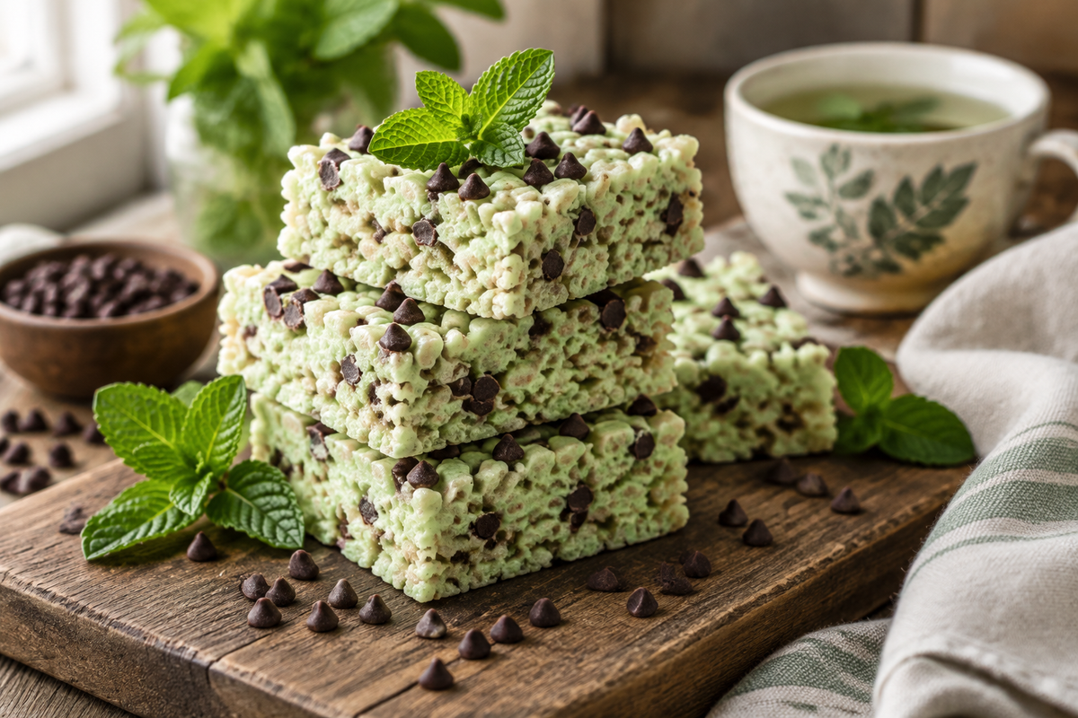Mint chocolate chip rice krispie treats stacked on wooden board with mint garnish