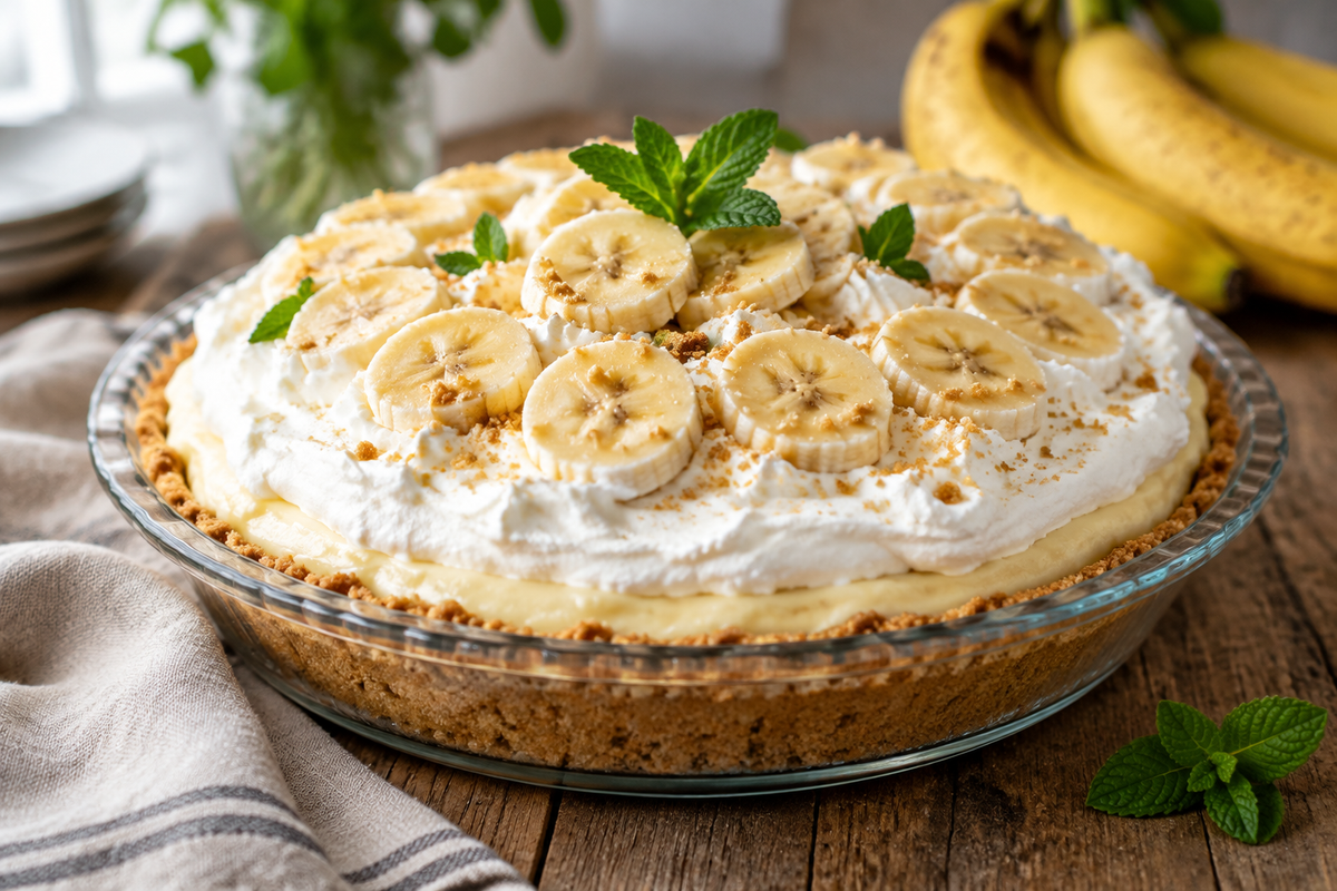 No-bake banana cream pie topped with sliced bananas and whipped cream with chia pudding base