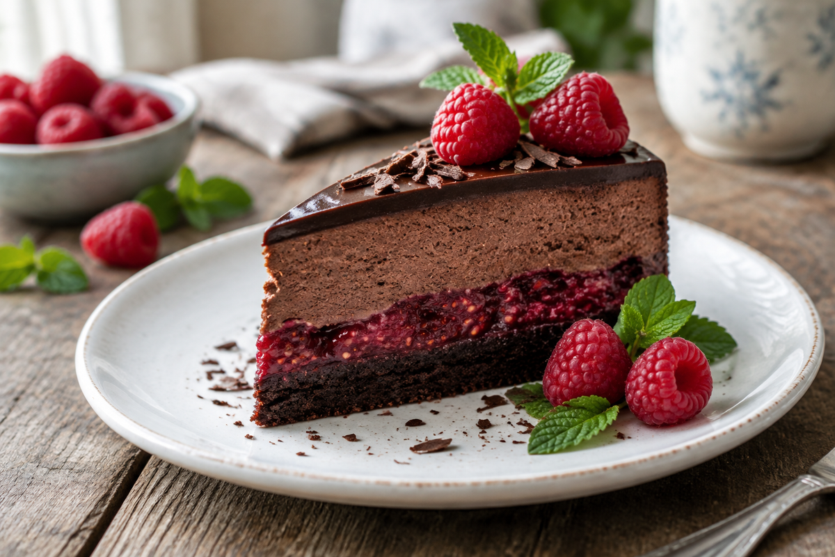 Slice of dark chocolate raspberry mousse cake garnished with fresh raspberries and mint leaves