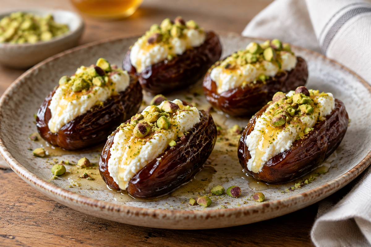 Honey pistachio ricotta stuffed dates on a rustic plate with crushed pistachio garnish