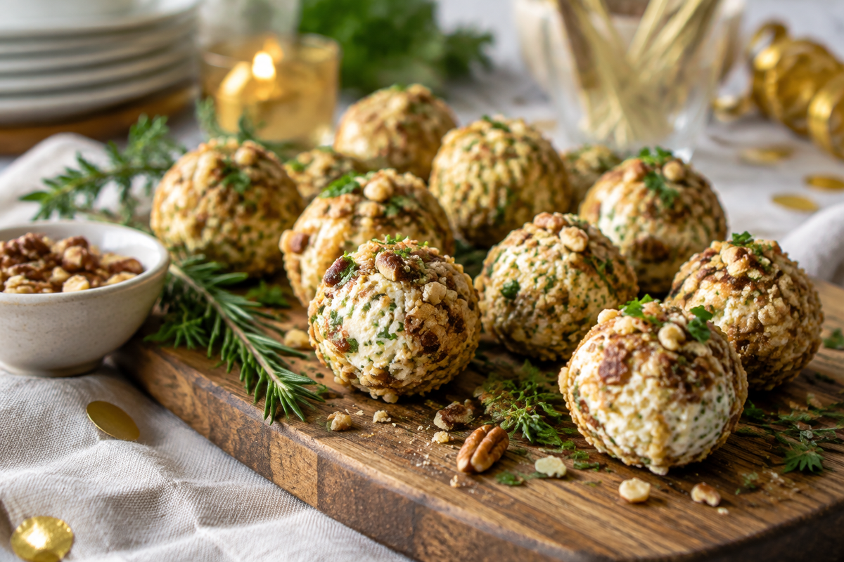 Mini cheese ball bites on rustic board garnished with herbs and nuts, perfect mini cheese ball bites appetizer
