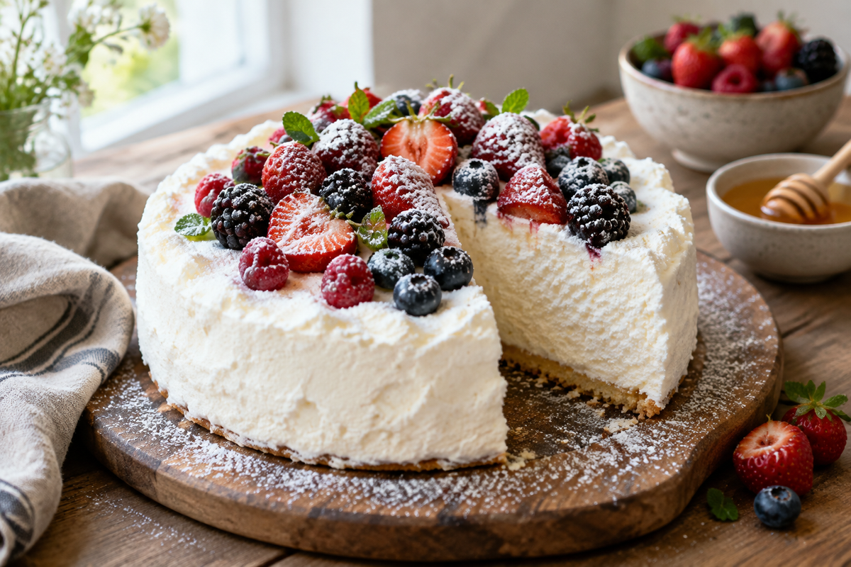 No-bake yogurt cloud cake topped with berries and powdered sugar, showcasing its fluffy texture