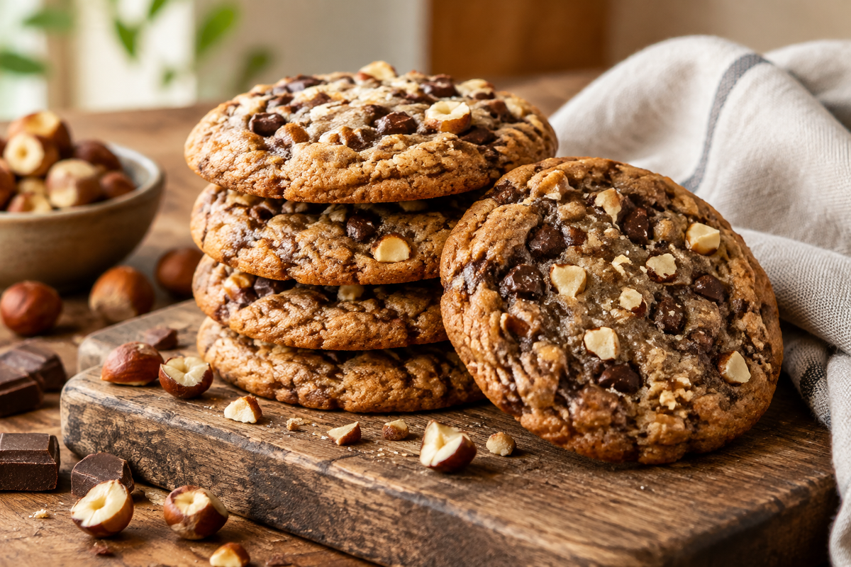 Quick no-chill chocolate hazelnut cookies stacked with crunchy texture and hazelnut pieces
