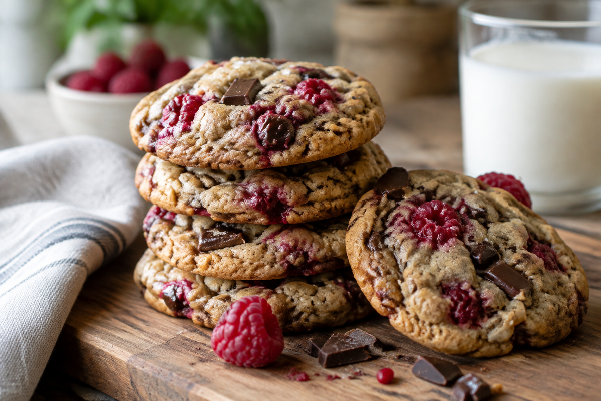 Stack of quick no-chill chocolate raspberry cookies with visible chocolate chunks and raspberry pieces