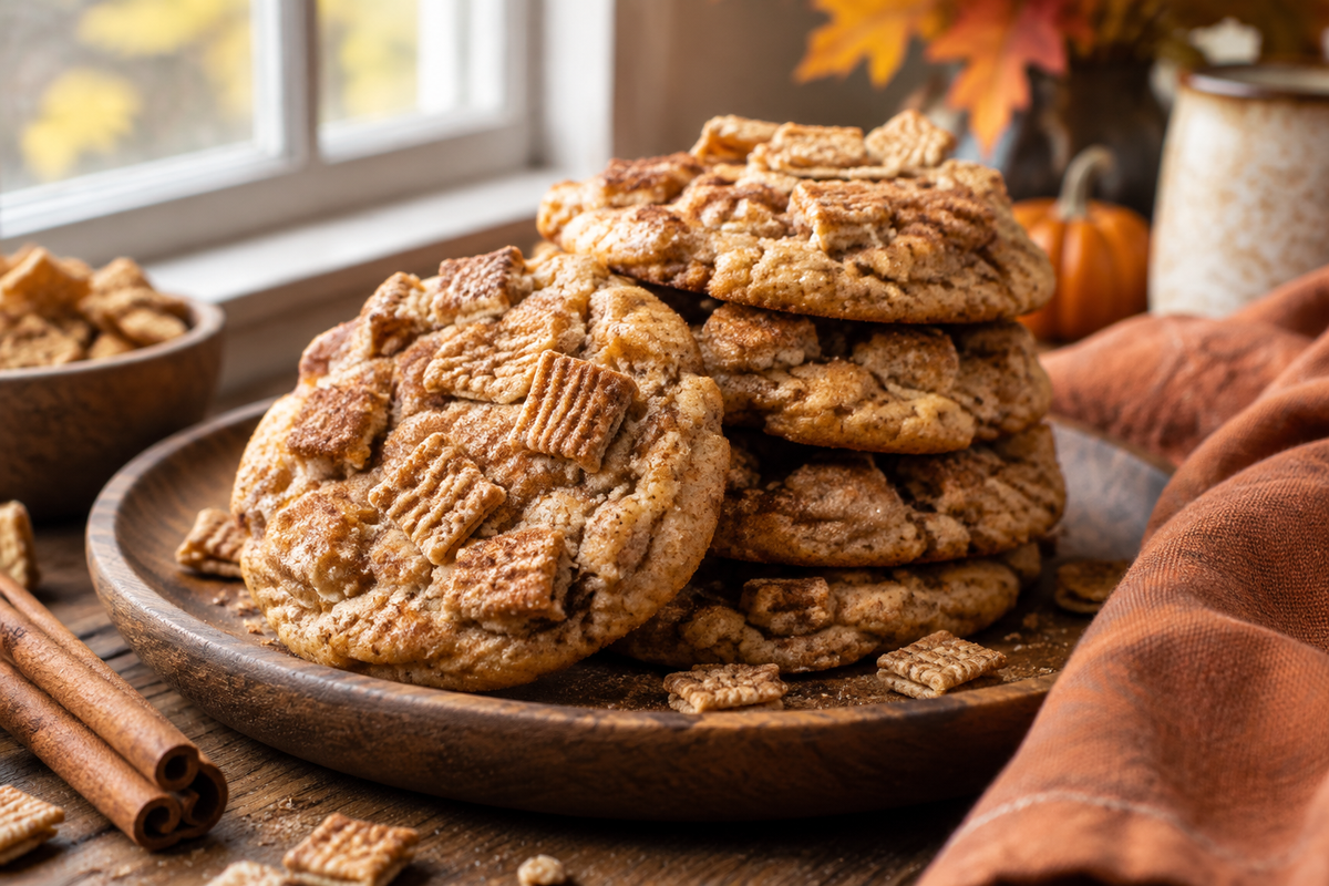 Stack of quick no-chill cinnamon toast crunch cookies with cinnamon sugar coating and cereal bits