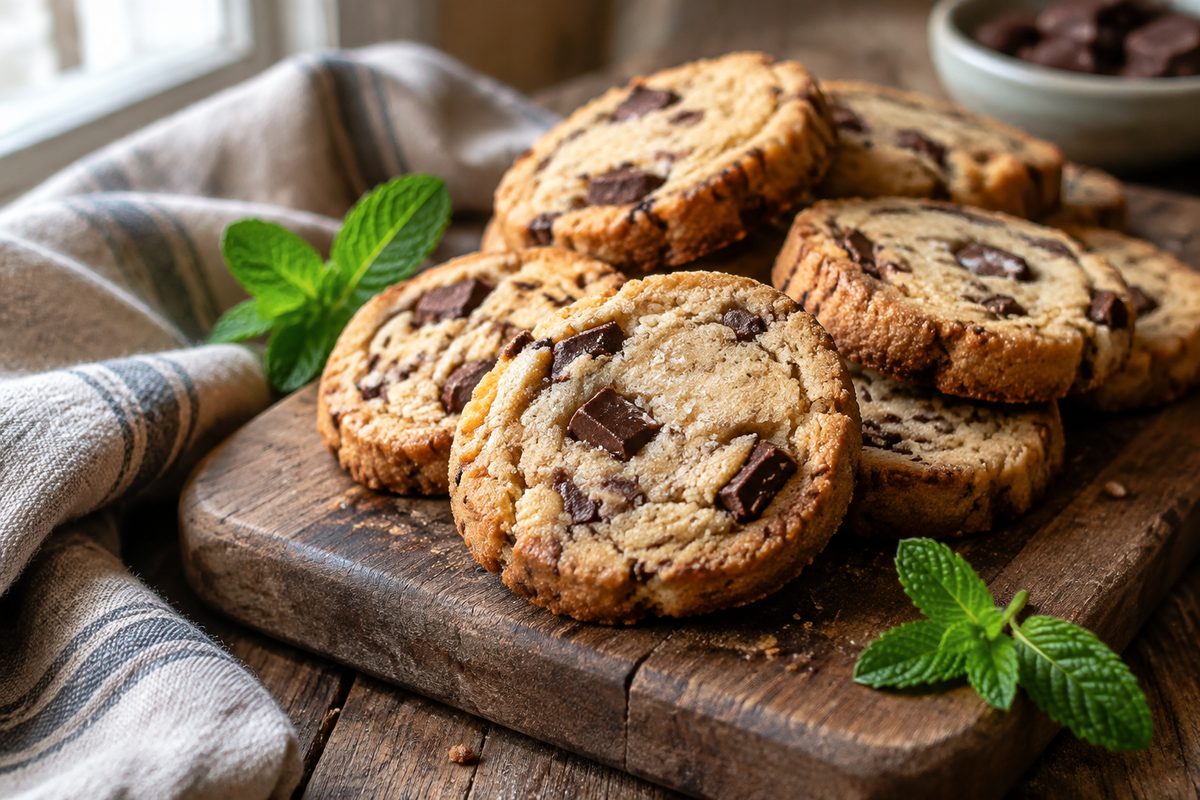 Freshly baked slice-and-bake cookies with chocolate chunks on rustic board in natural light