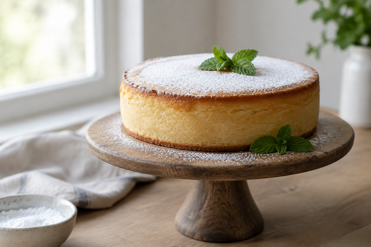 Minimalistic cake on rustic stand with powdered sugar and mint garnish, minimalistic cake