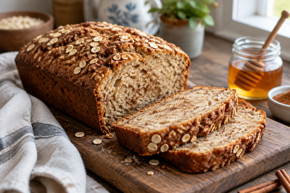 Sliced honey cinnamon oatmeal bread loaf with golden crust and soft crumb on wooden board