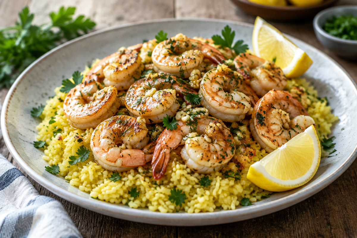 Quick one-pan garlic shrimp and rice plated with fresh parsley and lemon wedges