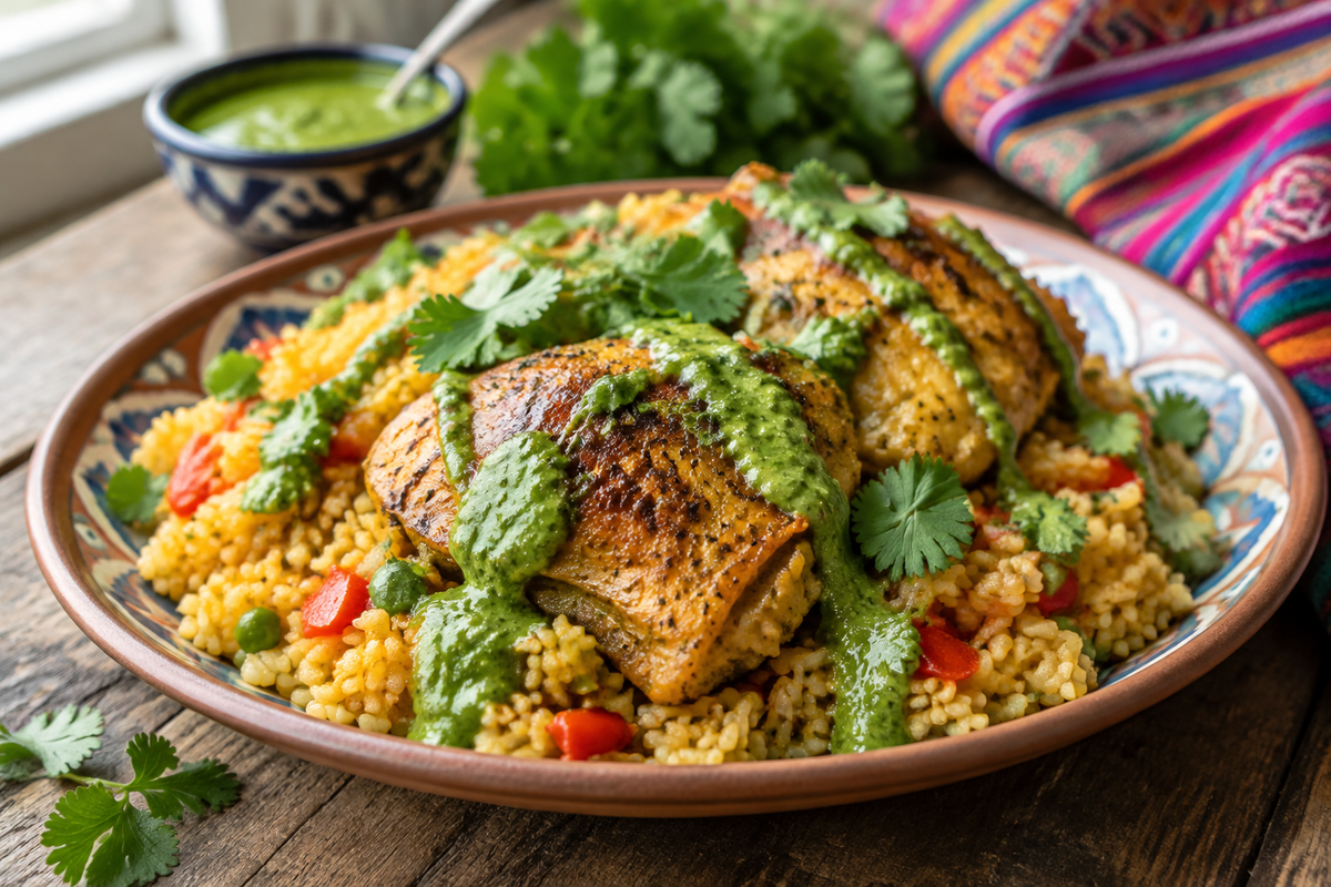 One-pan Peruvian chicken rice with tangy green sauce garnished with fresh cilantro