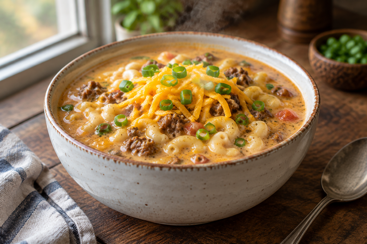 bowl of cheeseburger mac soup garnished with cheddar and green onions, showcasing cheeseburger mac soup