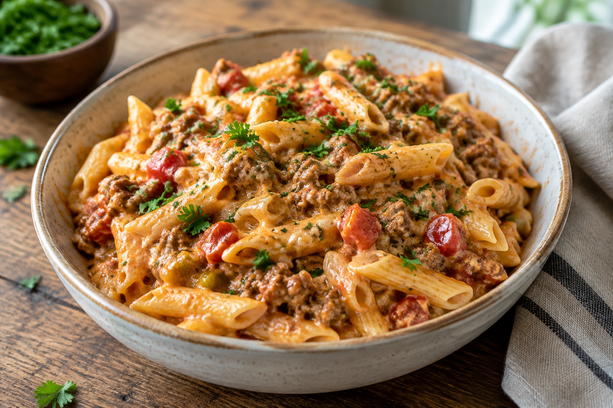 Creamy Rotel pasta with ground beef served in a bowl garnished with parsley