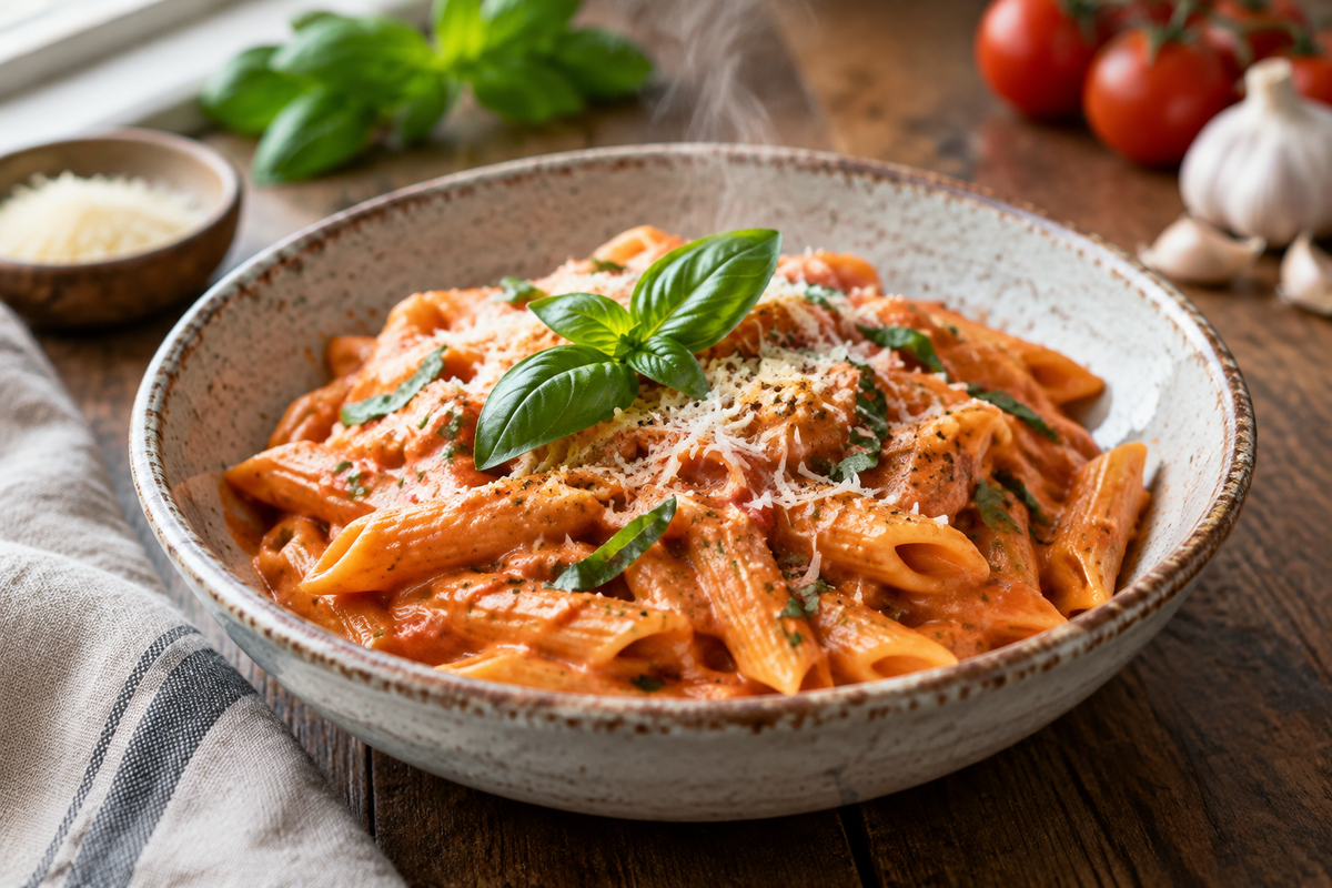 Creamy tomato garlic pasta in rustic bowl garnished with basil and parmesan, creamy tomato garlic pasta