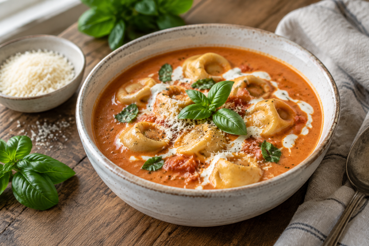 Creamy tomato tortellini soup in rustic bowl garnished with basil and cream, creamy tomato tortellini soup