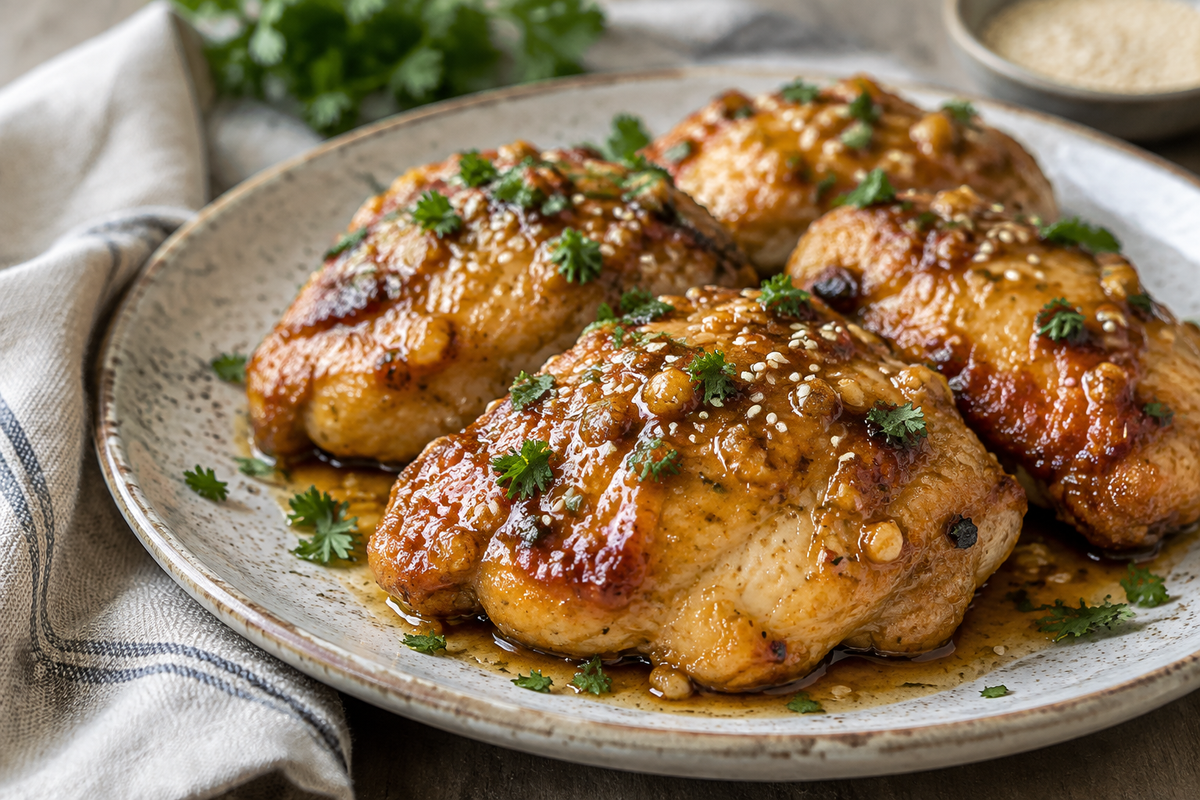 Oven-baked honey garlic chicken glazed and garnished, showcasing honey garlic chicken recipe