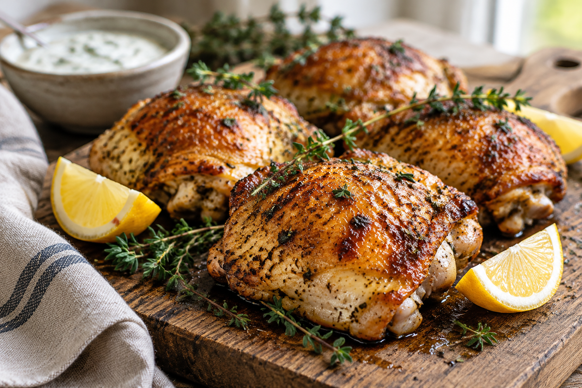 Juicy golden oven-baked melt in your mouth chicken garnished with thyme and lemon wedges