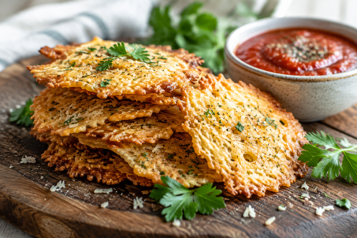Golden oven-baked parmesan crackers stacked with fresh parsley garnish and dipping sauce, parmesan crackers
