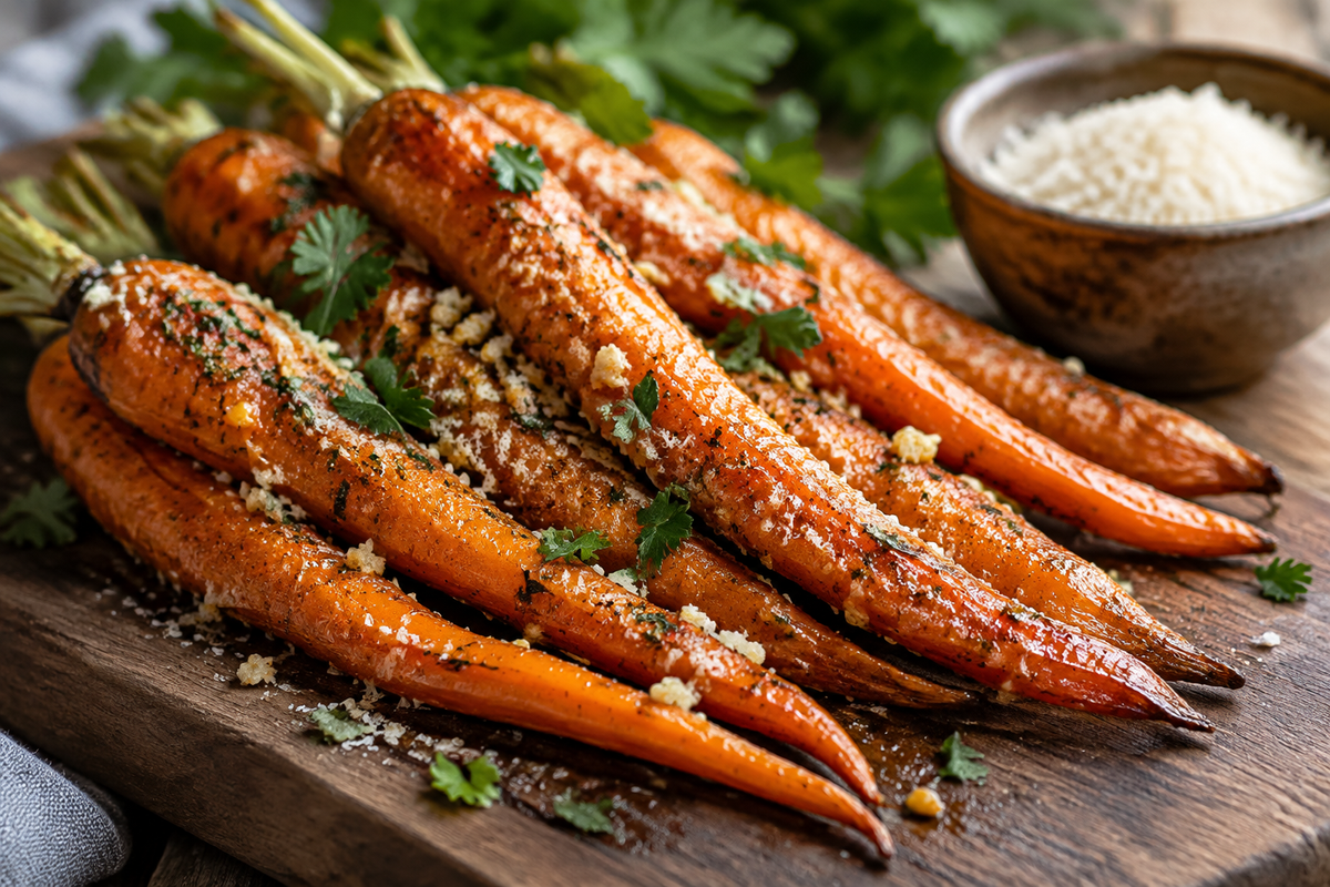 Parmesan garlic carrots roasted to golden perfection with fresh parsley garnish