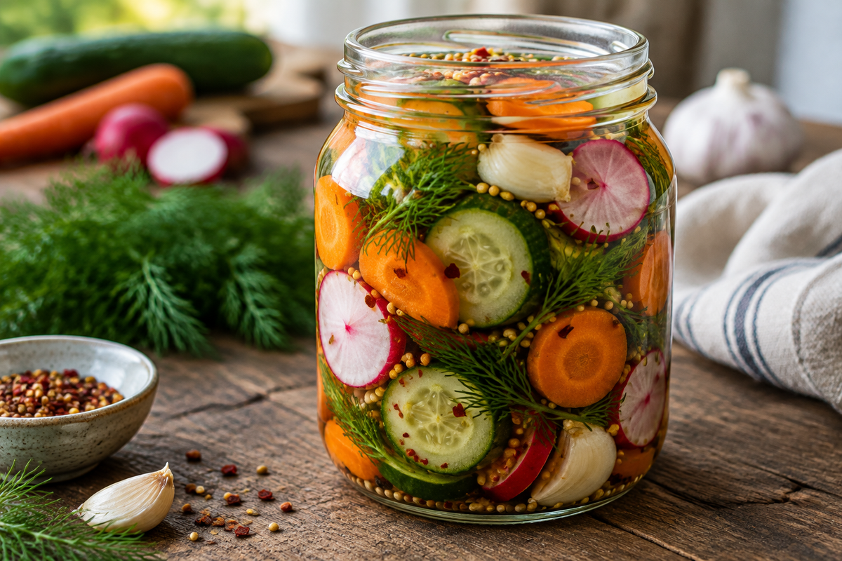 Glass jar of colorful quick pickled veggies with dill and garlic, showcasing crunchy tangy quick pickled veggies