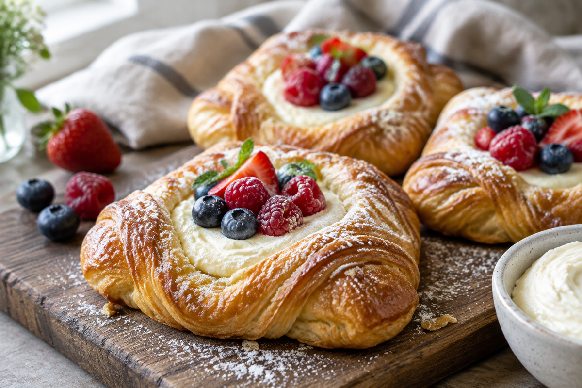 Flaky cheese danish pastries with creamy cheese filling and fresh berries, cheese danish recipe