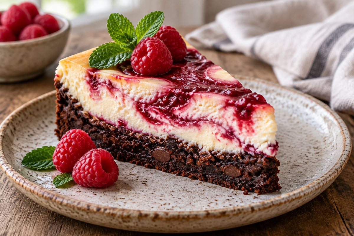 Slice of raspberry brownie cheesecake with fresh raspberries and mint garnish on rustic plate