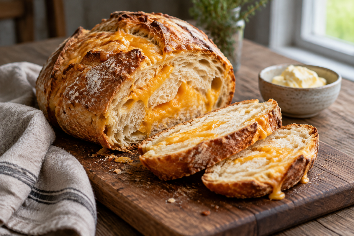 Sliced cheddar Dutch oven bread with melted cheese, warm and rustic, cheddar dutch oven bread