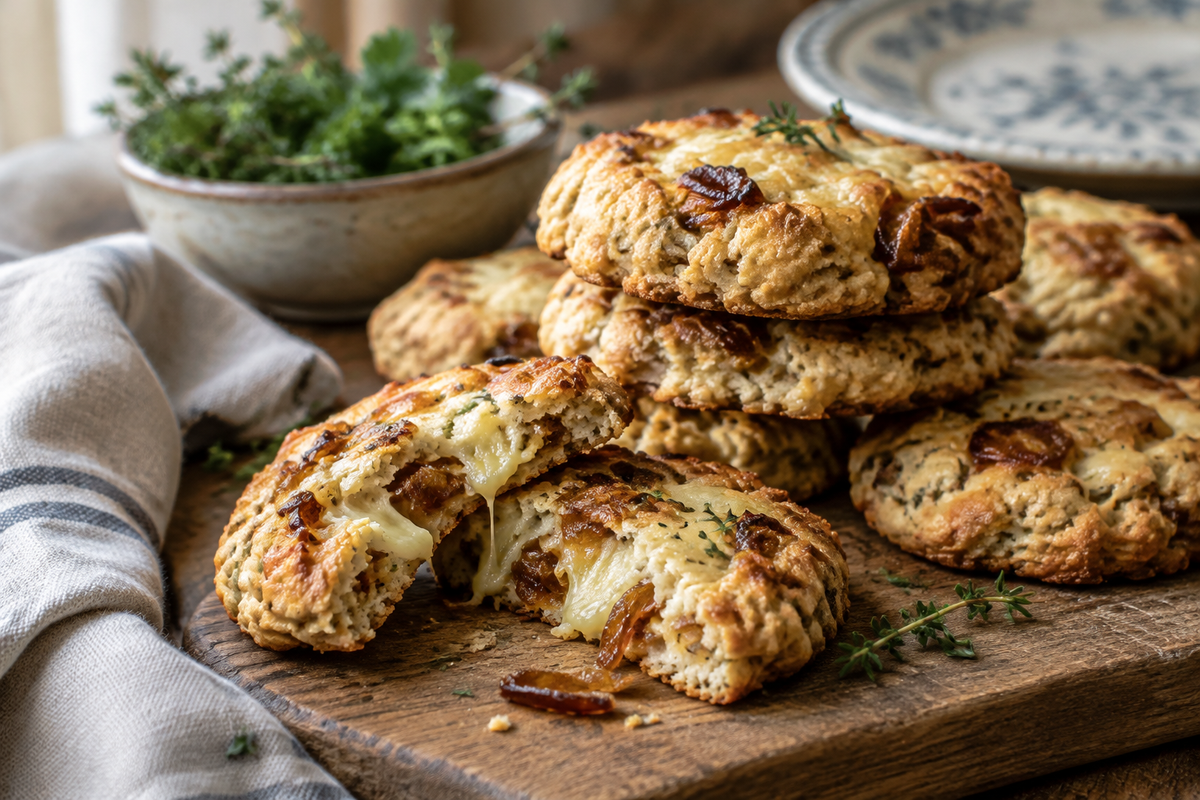 savory cookies with caramelized onions and Comté cheese on rustic wooden board