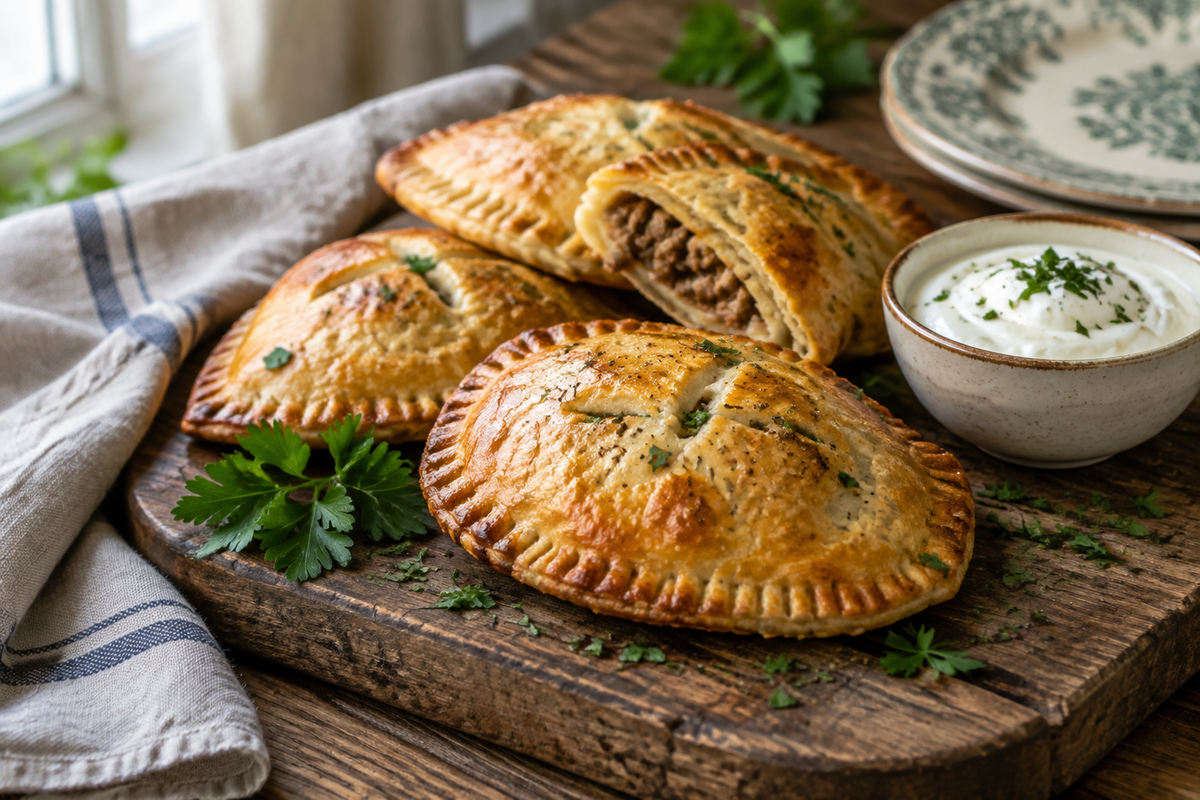 Golden brown meat hand pies on wooden board with parsley garnish and sour cream, showcasing meat hand pies