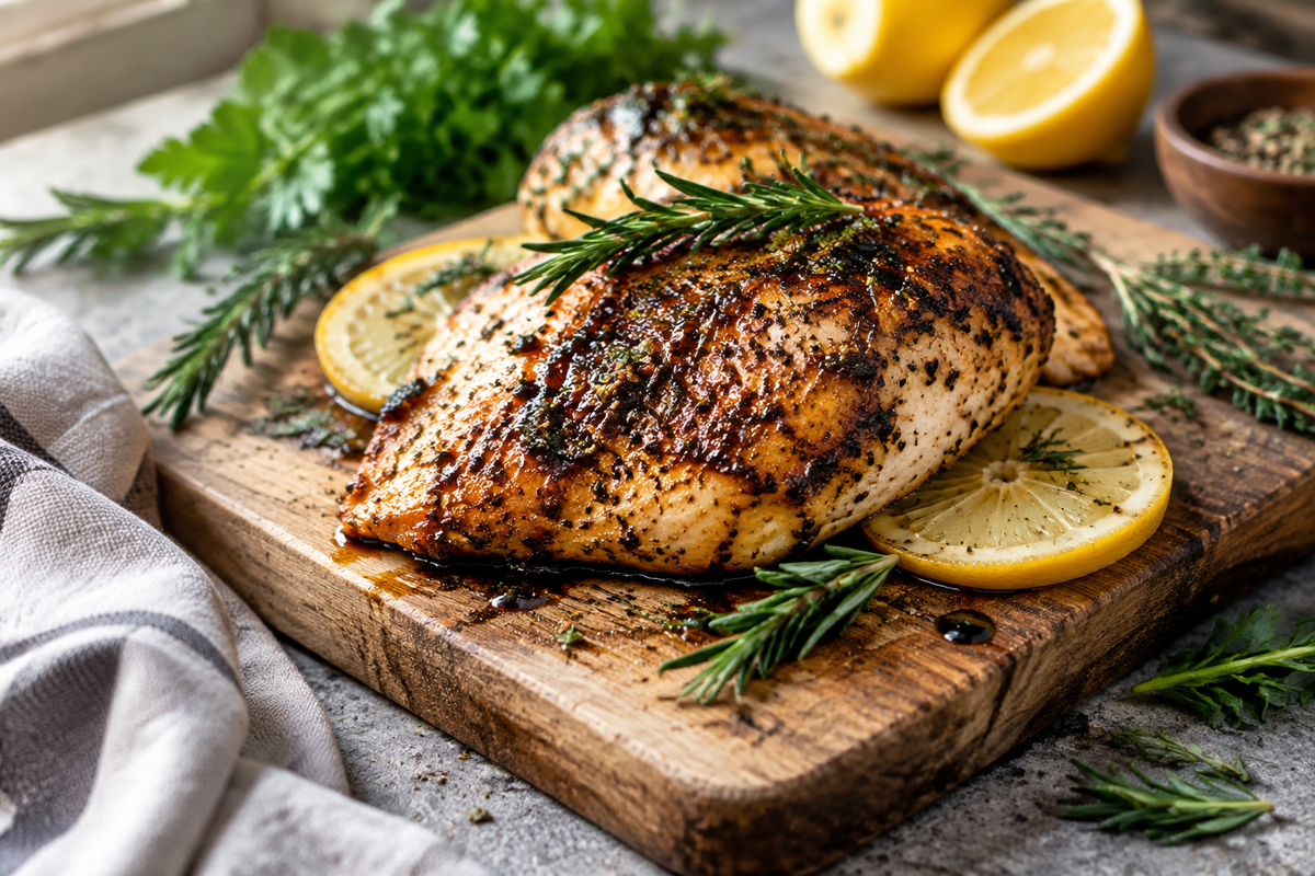 golden balsamic chicken breast garnished with rosemary and lemon slices on rustic board with balsamic chicken breast