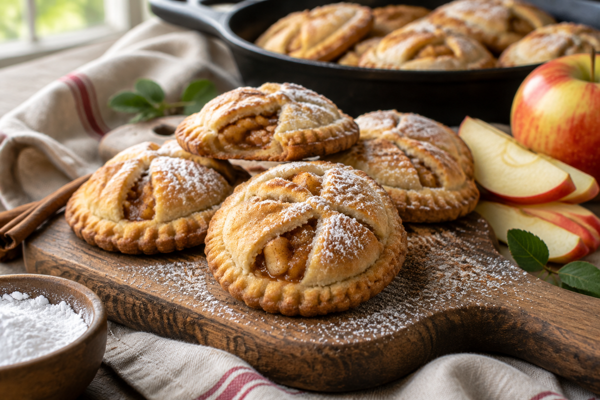 Golden skillet apple pie cookies with cinnamon apple filling and powdered sugar on wooden board
