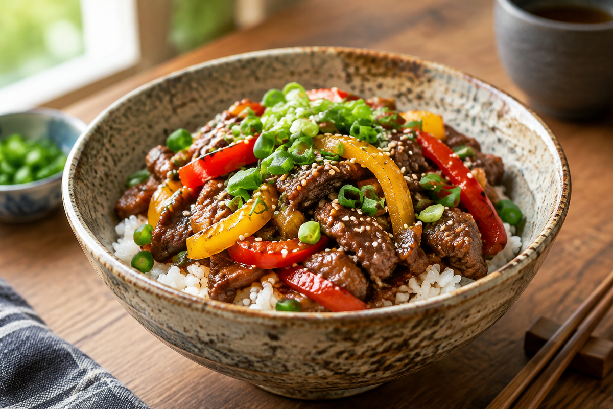 Healthy beef pepper rice bowl with colorful bell peppers and green onions