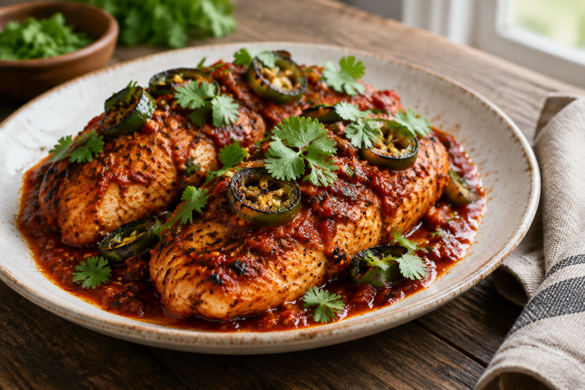Quick skillet chicken diablo served with spicy red sauce and fresh cilantro garnish