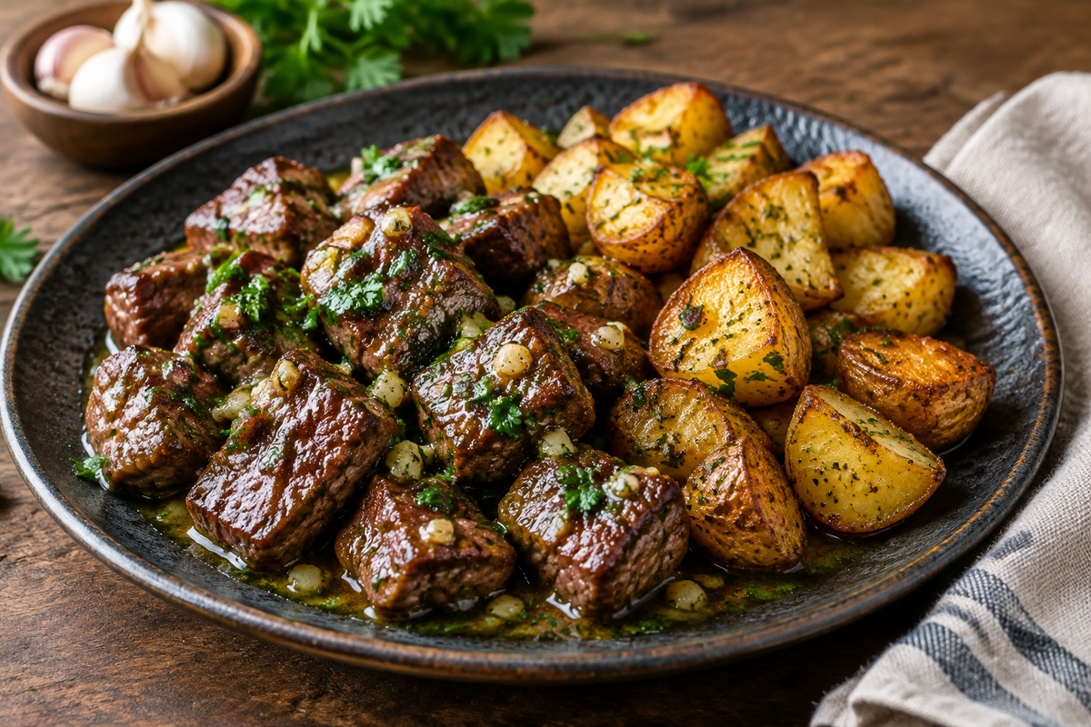 Garlic butter steak bites with crispy potatoes garnished with parsley on a rustic plate