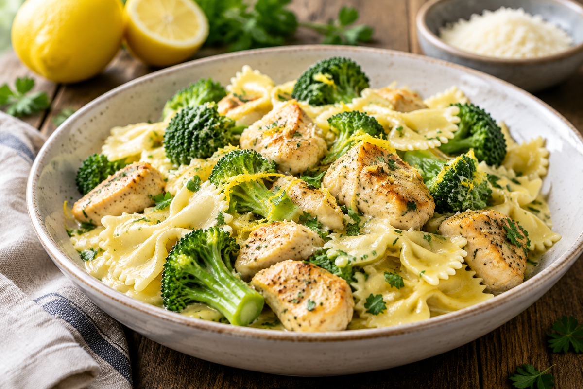 Lemon butter pasta with chicken and broccoli served on a rustic plate, showcasing the creamy lemon butter pasta
