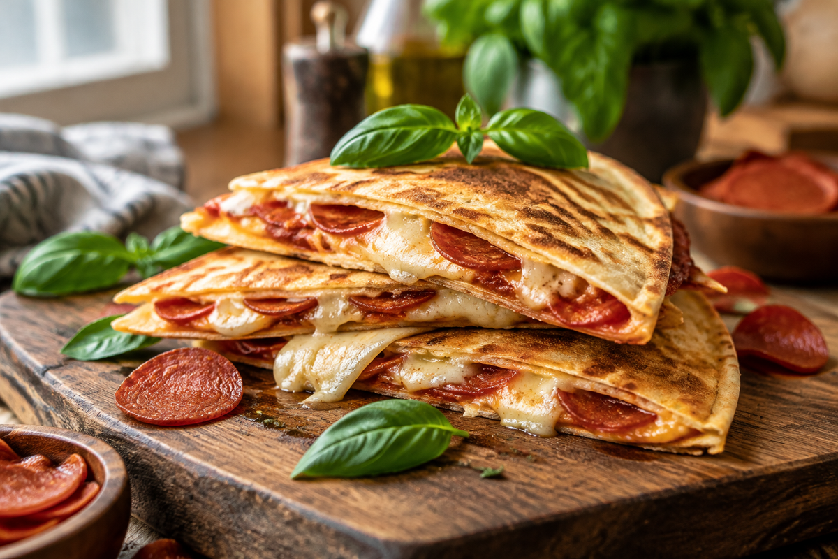 Golden skillet pepperoni pizzadillas with melted cheese and crispy tortillas garnished with basil