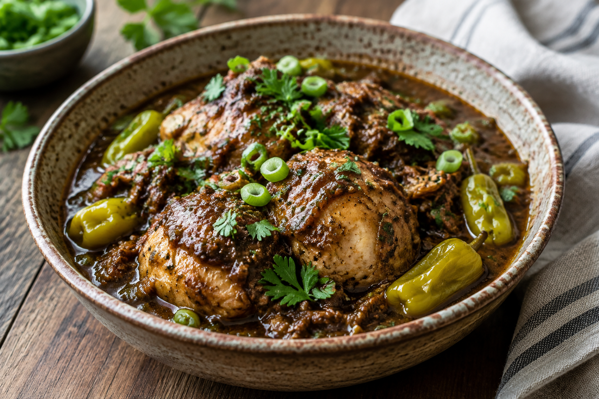 Close-up of Mississippi Mud Chicken with garnish in rustic bowl, showing rich sauce and tender chicken