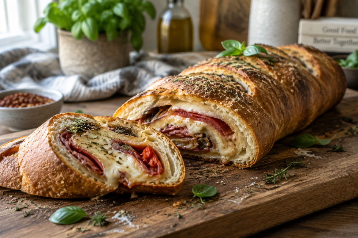 Sliced sourdough stromboli with melted cheese and savory fillings on rustic board, sourdough stromboli