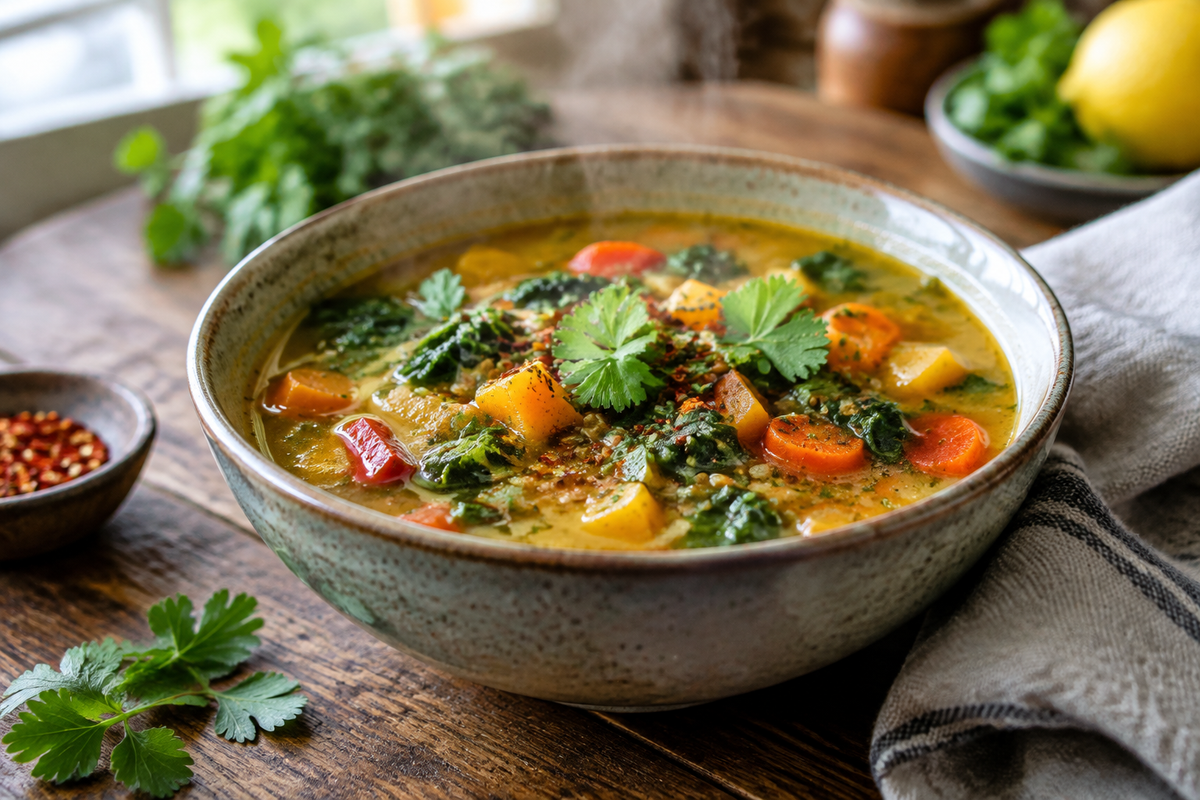 Bowl of spiced detox soup with fresh vegetables and herbs, perfect detox soup for winter weight loss