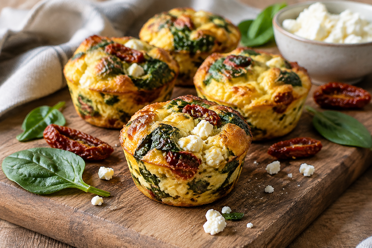 Spinach feta egg muffins with sun-dried tomatoes on a rustic board, showcasing savory breakfast muffins