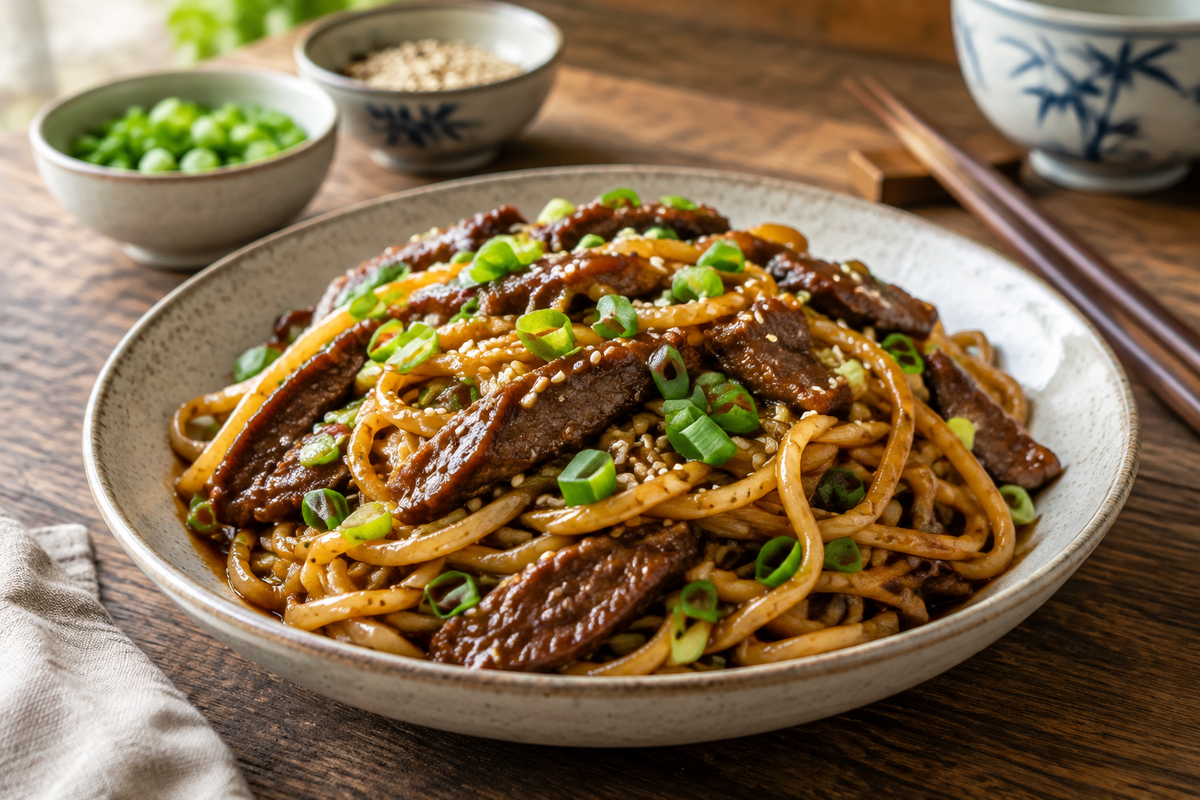 Quick hoisin beef noodles plated with green onions and sesame seeds, showing rich sauce and tender beef