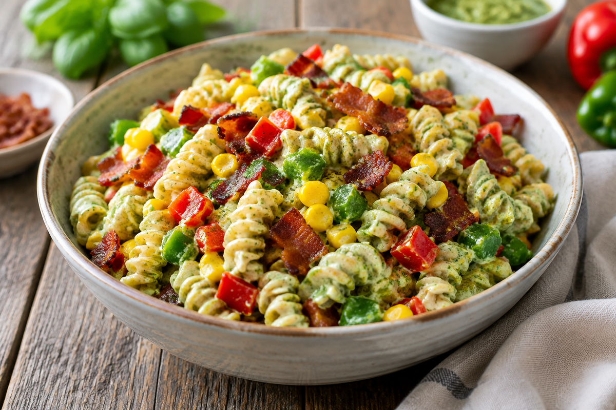 Summer pasta salad with creamy pesto dressing, corn, bell pepper, and crispy bacon