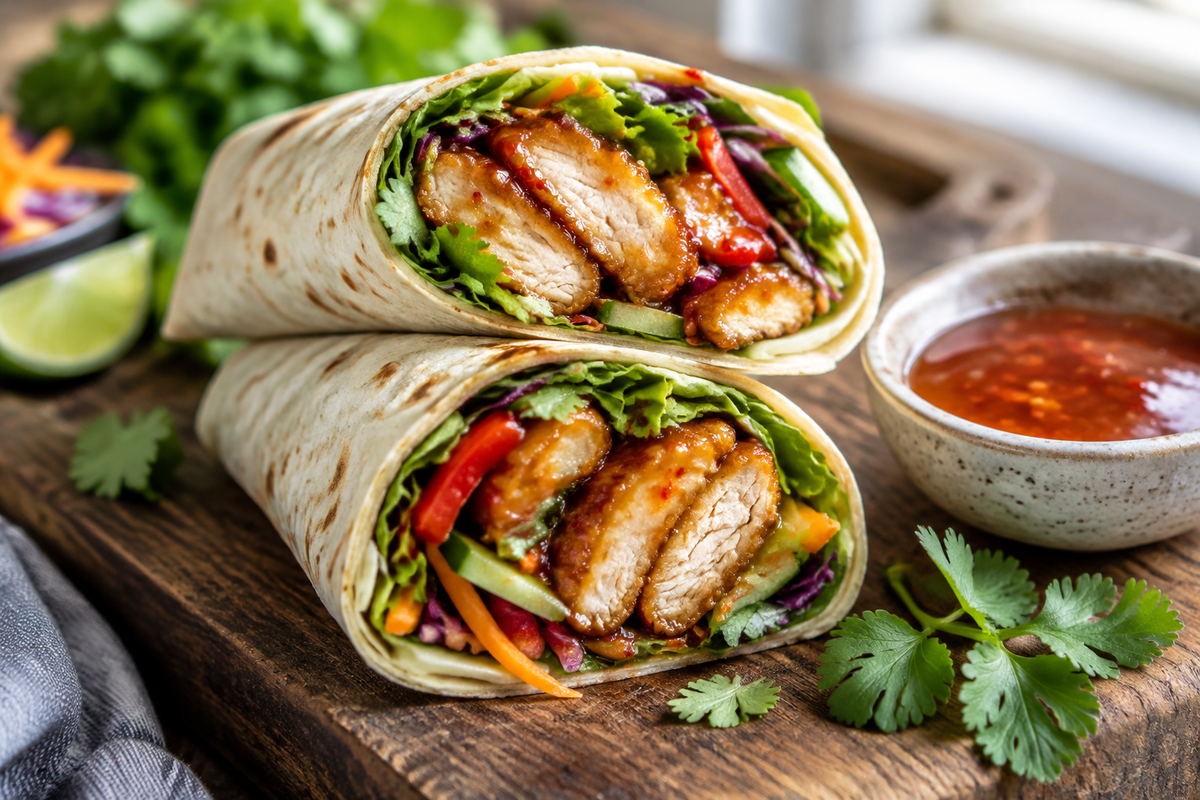 Sweet chili wraps filled with crispy chicken and fresh veggies on a wooden board, showcasing the sweet chili wraps