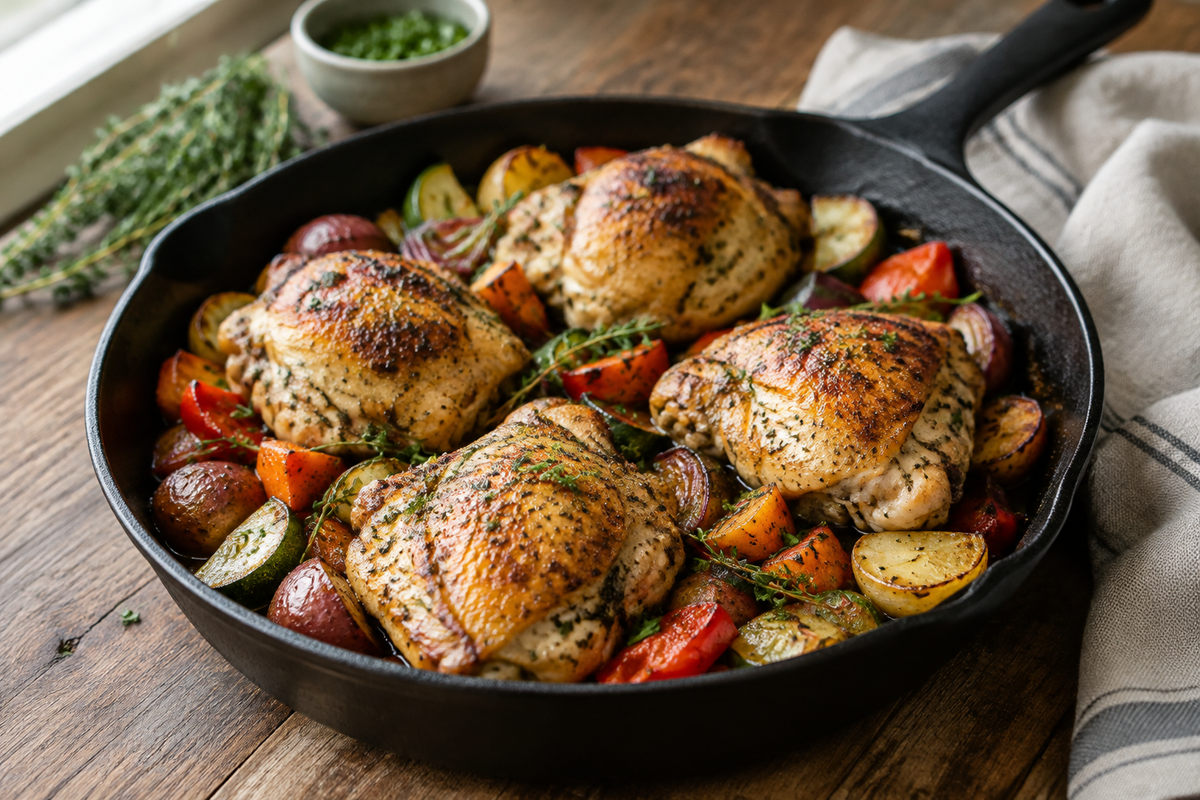 Quick tasty dinner plate with golden chicken thighs and roasted vegetables garnished with fresh herbs