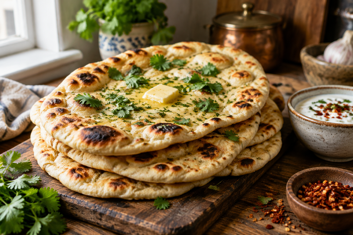 Quick & tasty sourdough naan stacked and garnished with butter and cilantro