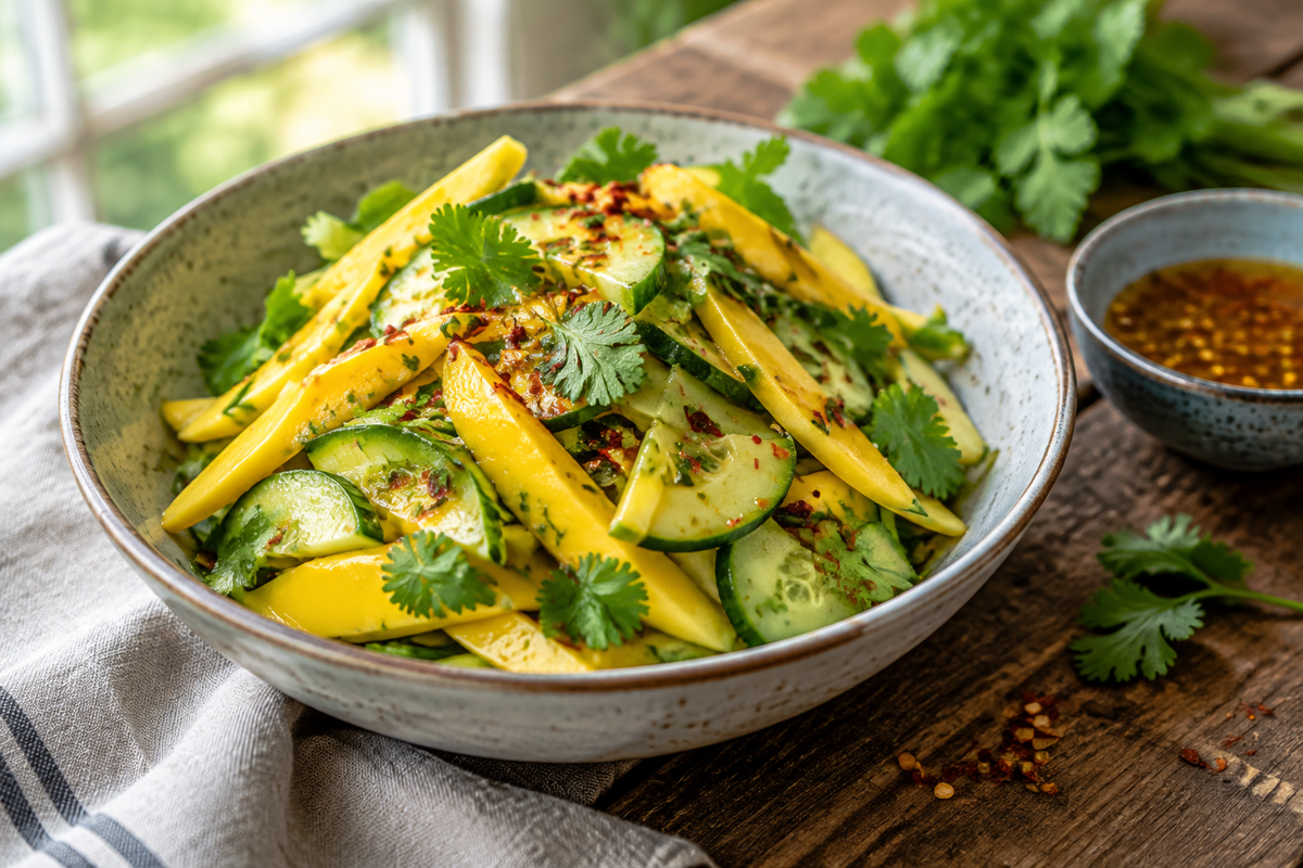 Thai mango cucumber salad with spicy twist garnished with cilantro and chili flakes